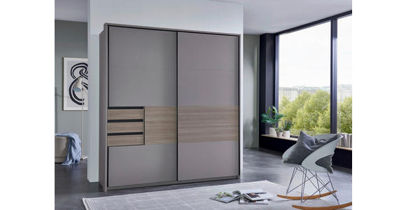 SCHWEBETÜRENSCHRANK  in Grau, Eichefarben, Sahara  - Eichefarben/Schwarz, KONVENTIONELL, Holzwerkstoff/Metall (180/198/65cm) - Carryhome