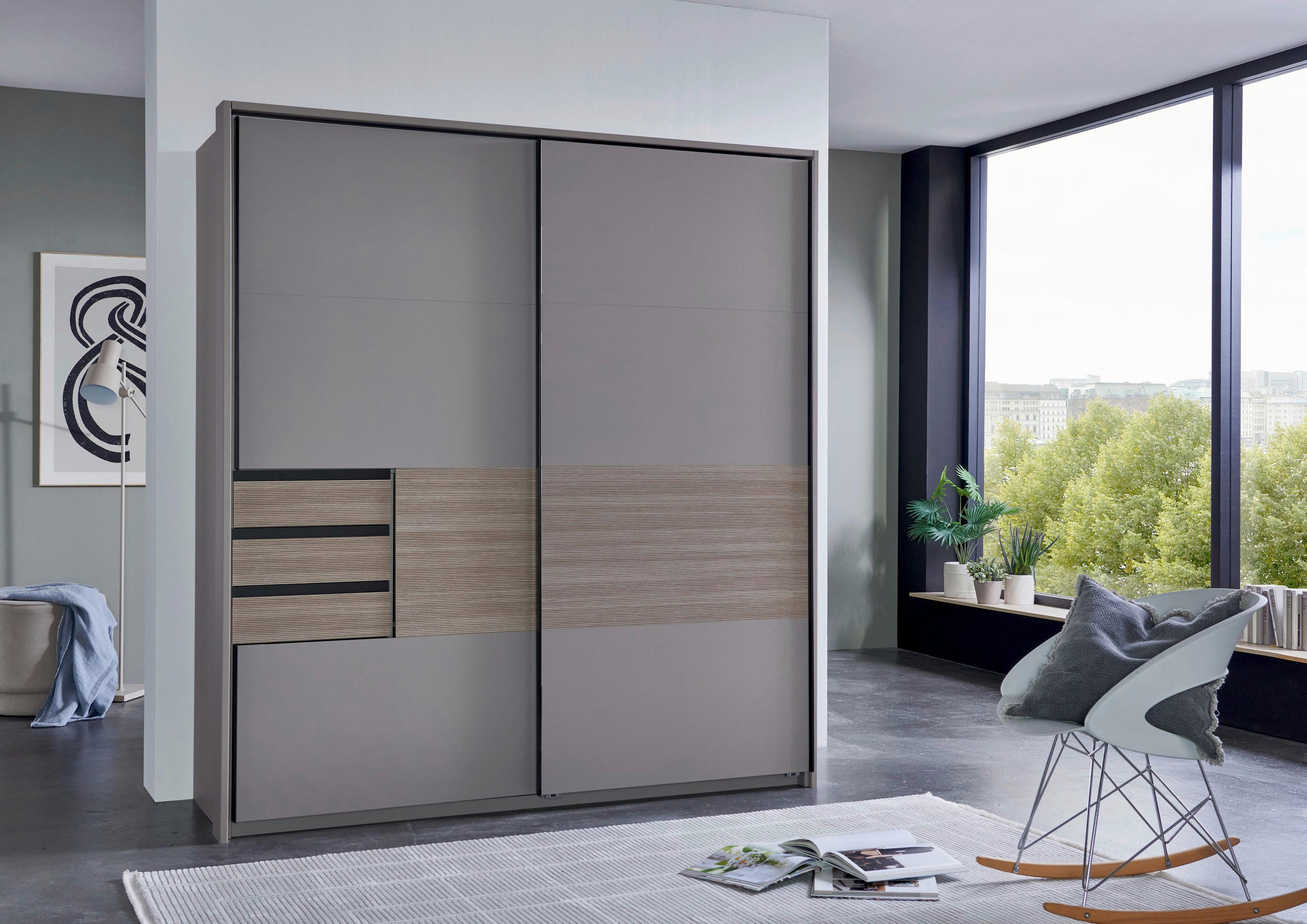 SCHWEBETÜRENSCHRANK 180/198/65 cm 2-türig Grau, Eichefarben, Sahara  - Eichefarben/Schwarz, KONVENTIONELL, Holzwerkstoff/Metall (180/198/65cm) - Boxxx
