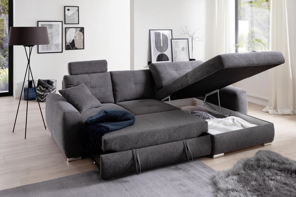 ECKSOFA in Mikrofaser Dunkelgrün  - Chromfarben/Dunkelgrün, Modern, Kunststoff/Textil (276/193cm) - Hom`in