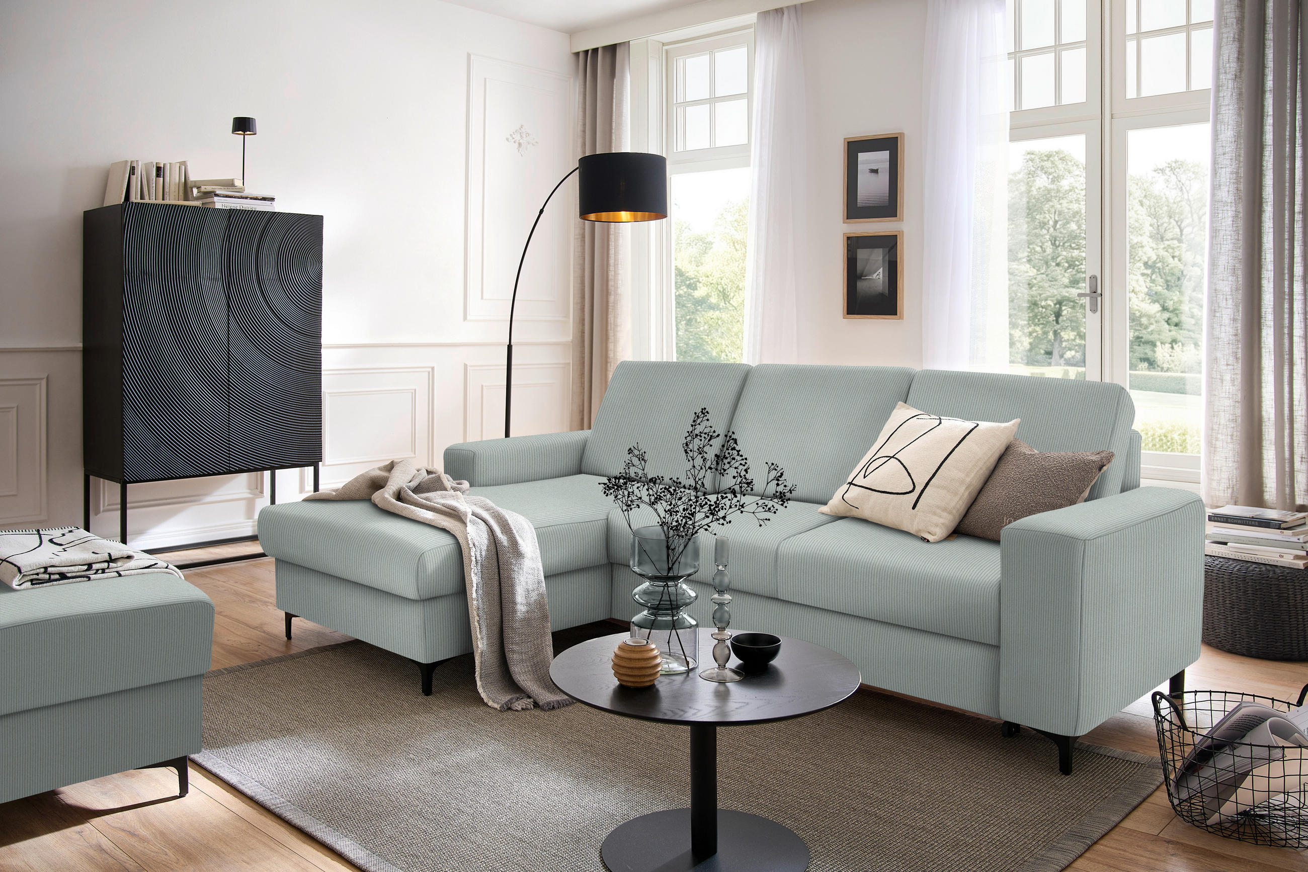 ECKSOFA in Cord Hellgrau  - Hellgrau/Schwarz, Konventionell, Textil/Metall (167/247cm) - Stylife