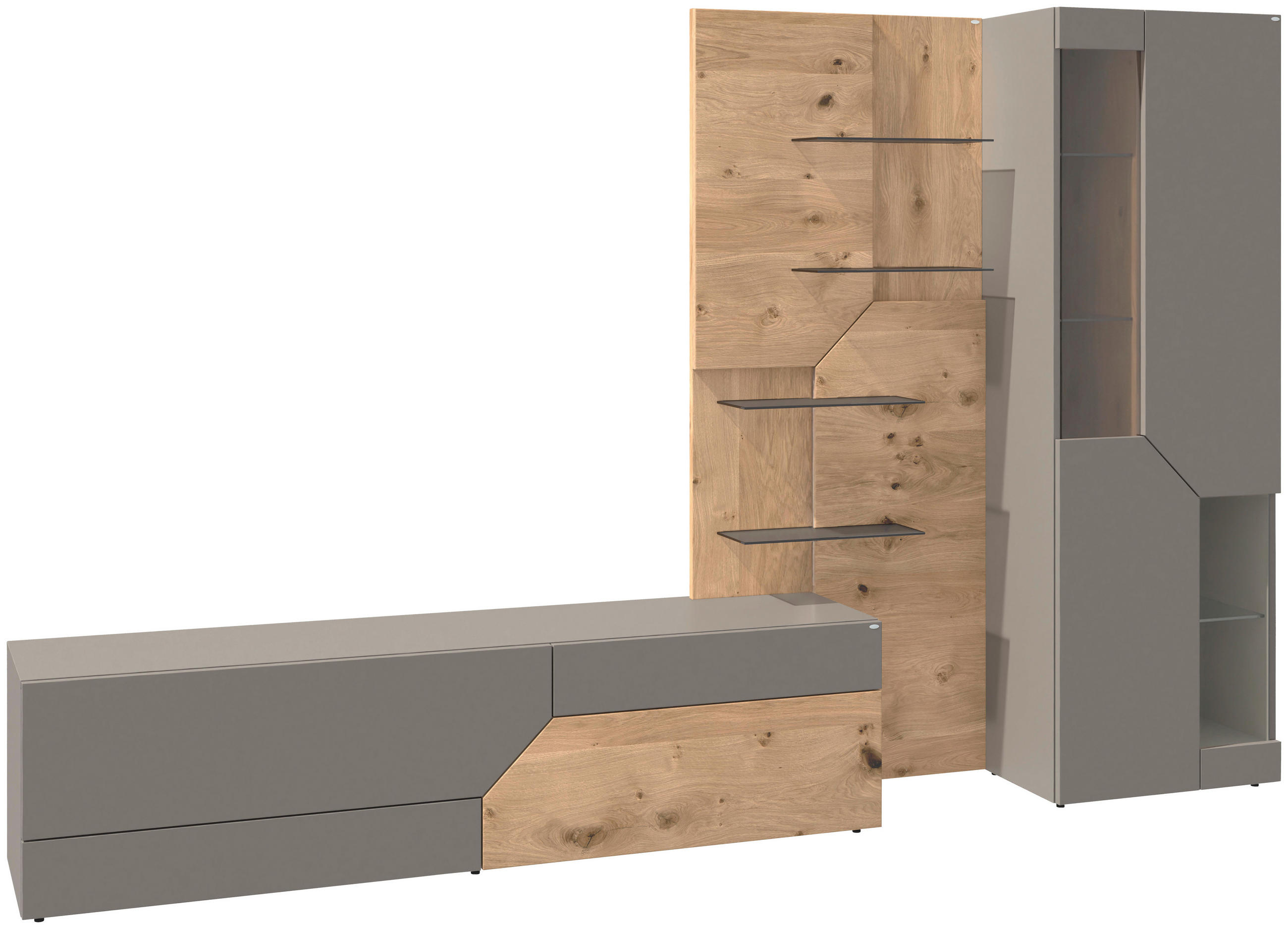 WOHNWAND 3-teilig  in Grau, Wildeiche  304/194/44,5 cm  - Wildeiche/Grau, Design, Glas/Holz (304/194/44,5cm) - Voglauer