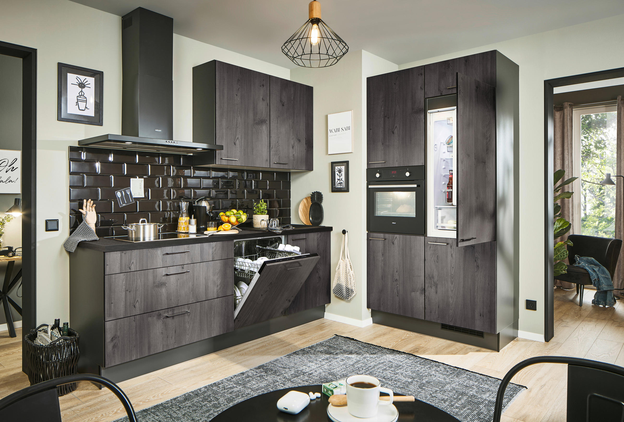 ECKKÜCHE 220/120 cm  in Graphitfarben, Schwarz, Eiche dunkel  - Eiche dunkel/Chromfarben, Design, Holzwerkstoff/Metall (220/120cm) - Xora