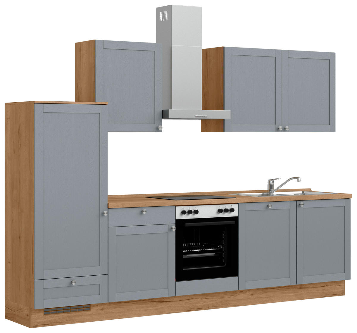 KÜCHENBLOCK Frame 300 cm  in Eichefarben, Blaugrau  - Edelstahlfarben/Eichefarben, MODERN, Holzwerkstoff/Metall (300cm) - Nobilia