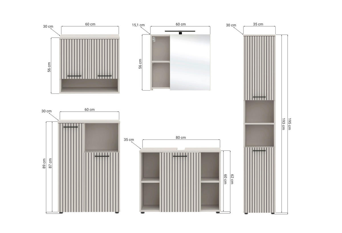 BADEZIMMER 5-teilig  in 205 cm  - Kaschmir/Schwarz, Trend, Glas/Holzwerkstoff (205cm) - Respekta