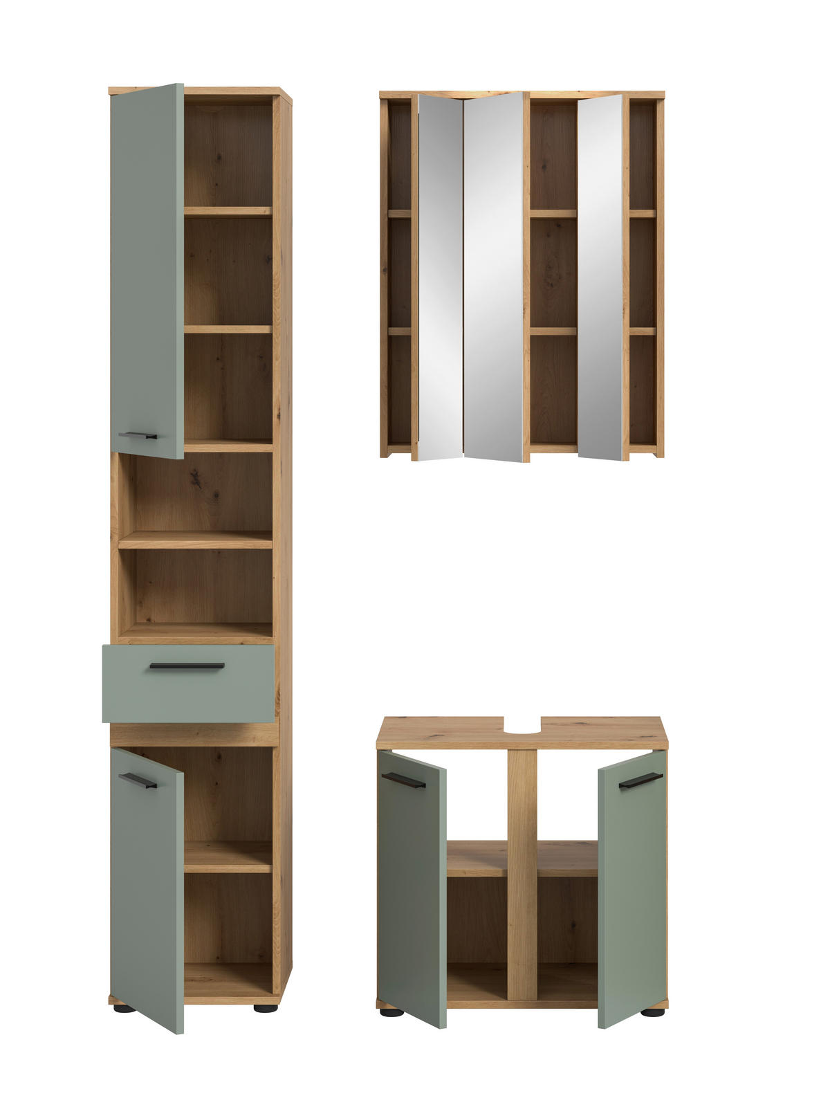 BADEZIMMER 3-teilig  in 110 cm  - Salbeigrün/Schwarz, Trend, Glas/Holzwerkstoff (110cm) - MID.YOU