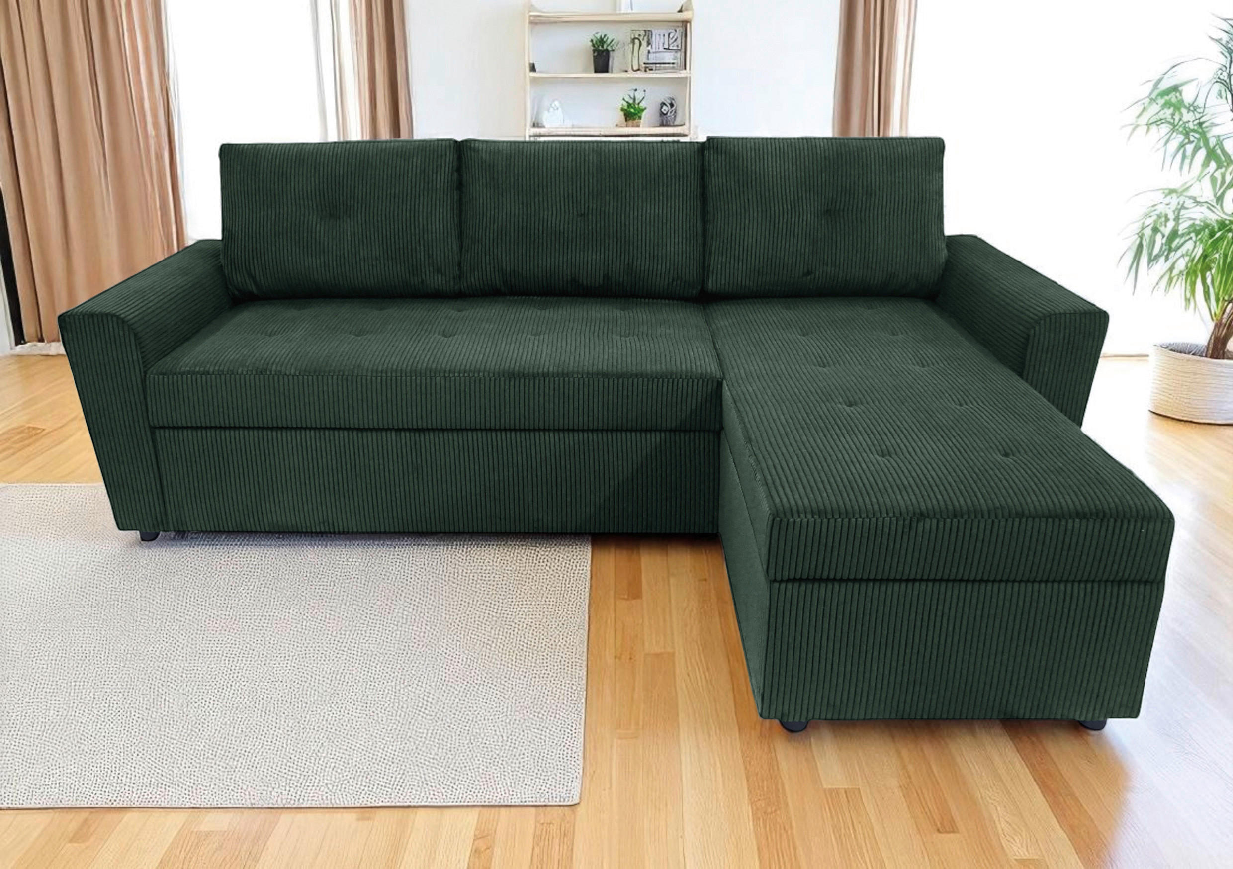 ECKSOFA TERMOLI Dunkelgrün Cord Rückenkissen, Bettkasten  - Dunkelgrün/Schwarz, Design, Kunststoff/Textil (231/155cm) - MID.YOU