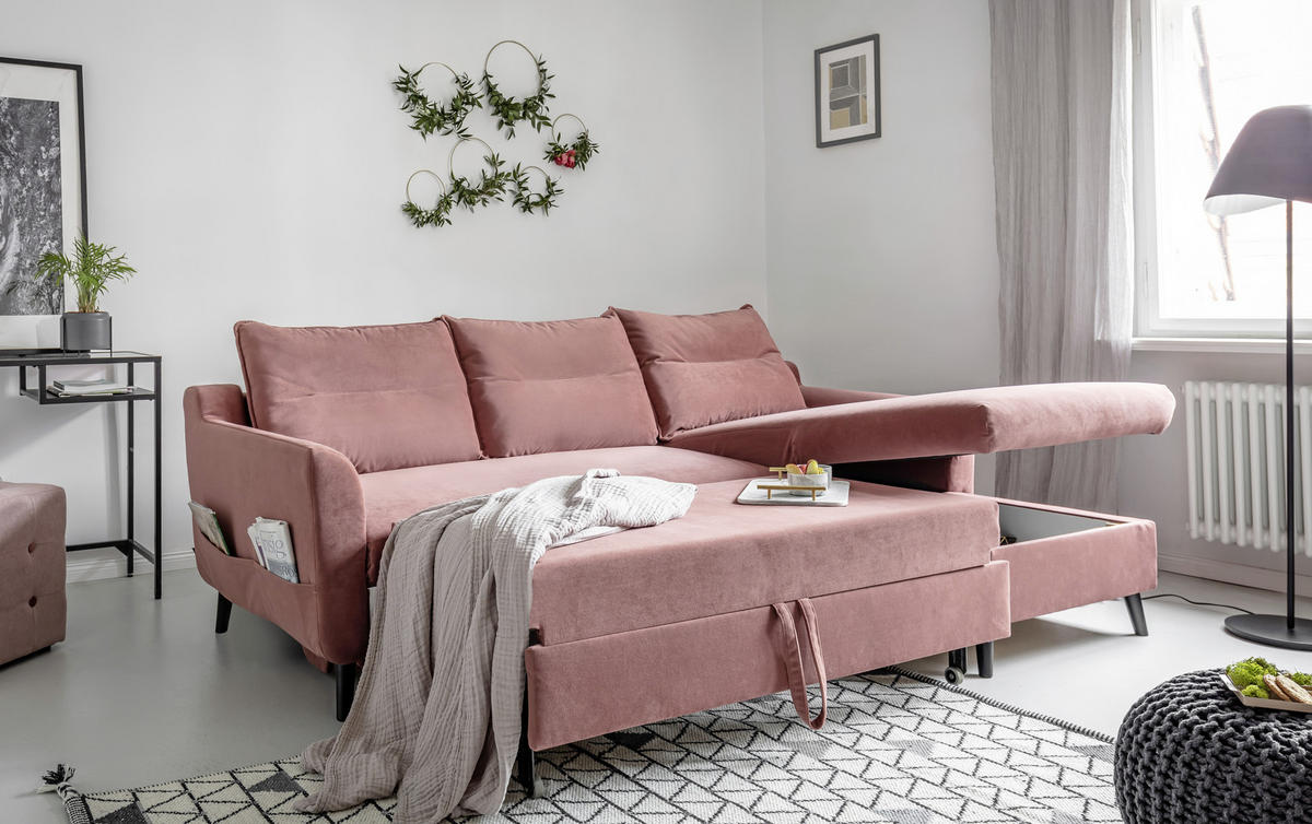 ECKSCHLAFSOFA Stylish Stan Velours Altrosa  inkl. Rückenkissen, Bettkasten, Schlaffunktion  - Schwarz/Altrosa, Basics, Holz/Textil (230/150cm) - MID.YOU