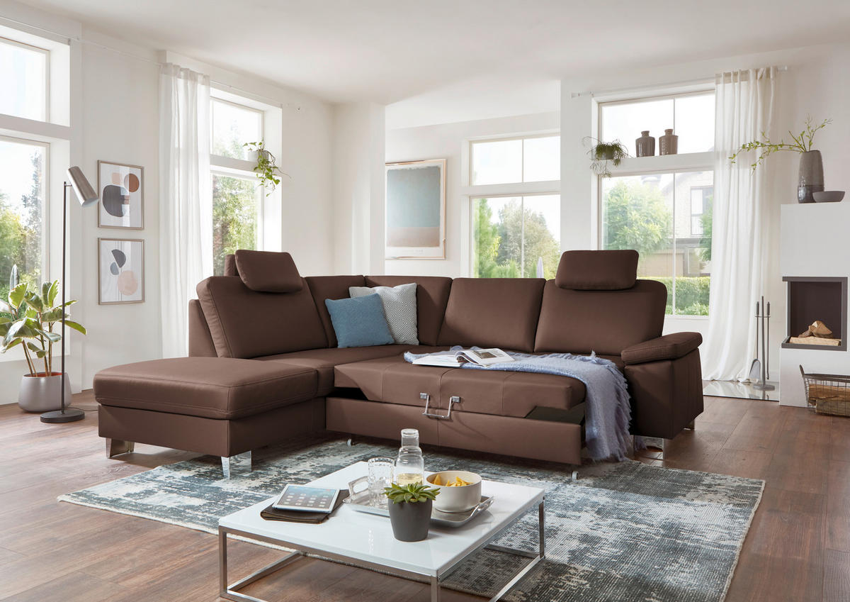 ECKSOFA  in Echtleder Braun  235/248 cm  - Alufarben/Braun, Design, Leder/Metall (235/248cm) - Beldomo Premium