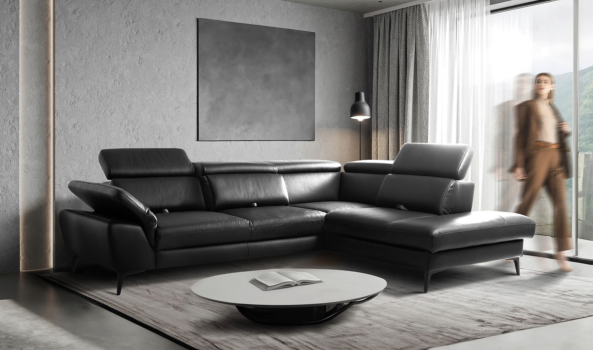 ECKSOFA Schwarz Echtleder Lederlook Bettkasten, Schlaffunktion, Rücken echt, Armteilverstellung, Kopfteilverstellung, Sitztiefenverstellung  - Schwarz, Design, Leder/Textil (274/220cm) - Livetastic