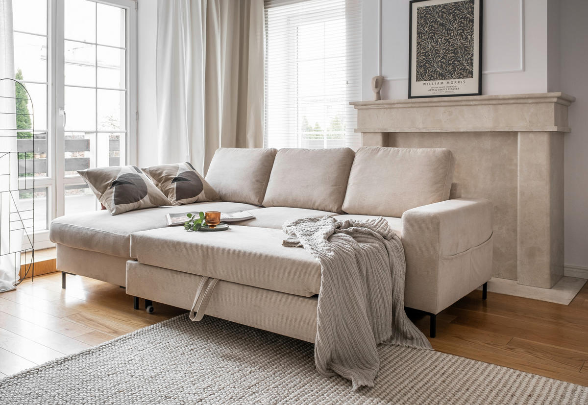 ECKSOFA Beige Cord  - Beige/Schwarz, Design, Textil/Metall (148/236cm) - MID.YOU