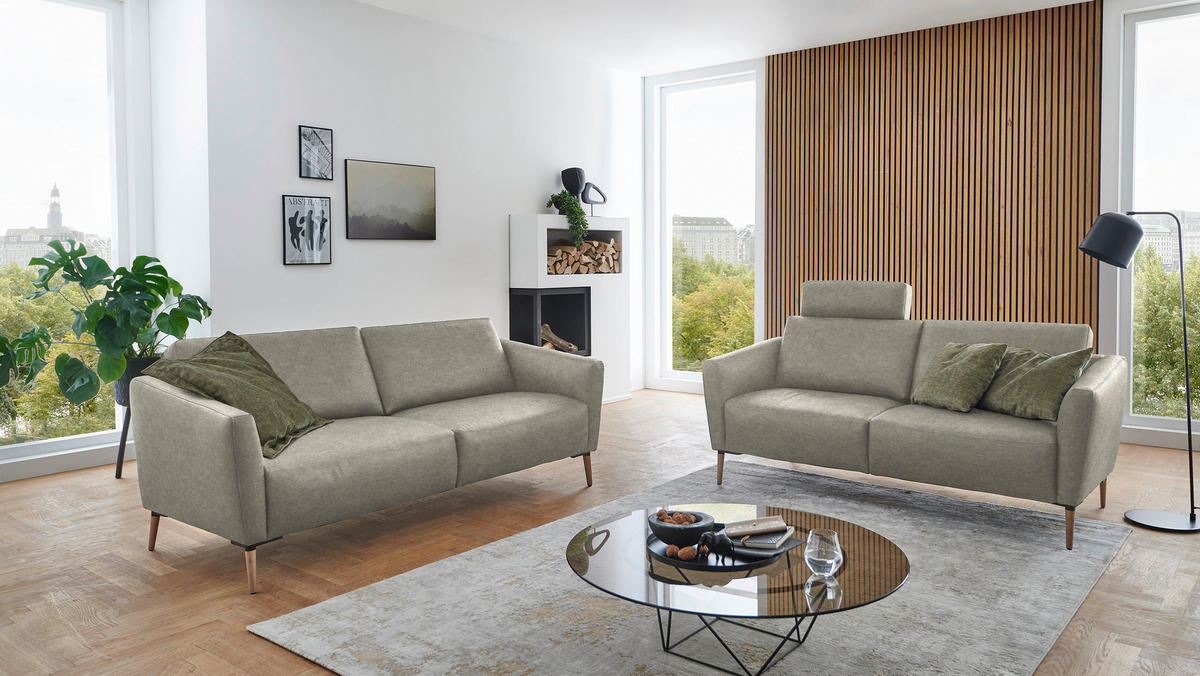 2-SITZER-SOFA  in Echtleder Hellgrau   - Eichefarben/Beige, Natur, Leder/Holz (207/86/87cm) - Valnatura