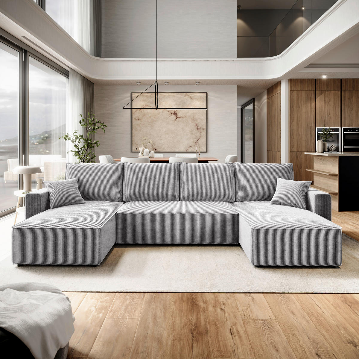 WOHNLANDSCHAFT Hellgrau Cord  - Hellgrau/Schwarz, KONVENTIONELL, Kunststoff/Textil (140/305/140cm) - Carryhome