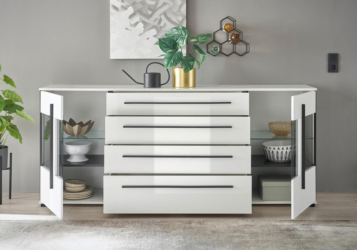 SIDEBOARD  200/86/42 cm 4 Schublade(n)  - Weiß Hochglanz/Schwarz, Design, Glas/Holzwerkstoff (200/86/42cm) - Livetastic