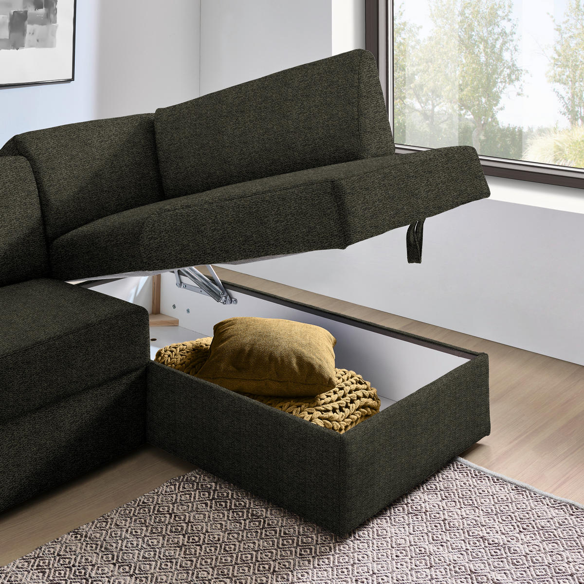 ECKSOFA in Webstoff Dunkelgrün  - Dunkelgrün/Schwarz, Konventionell, Kunststoff/Textil (224/165cm) - Xora