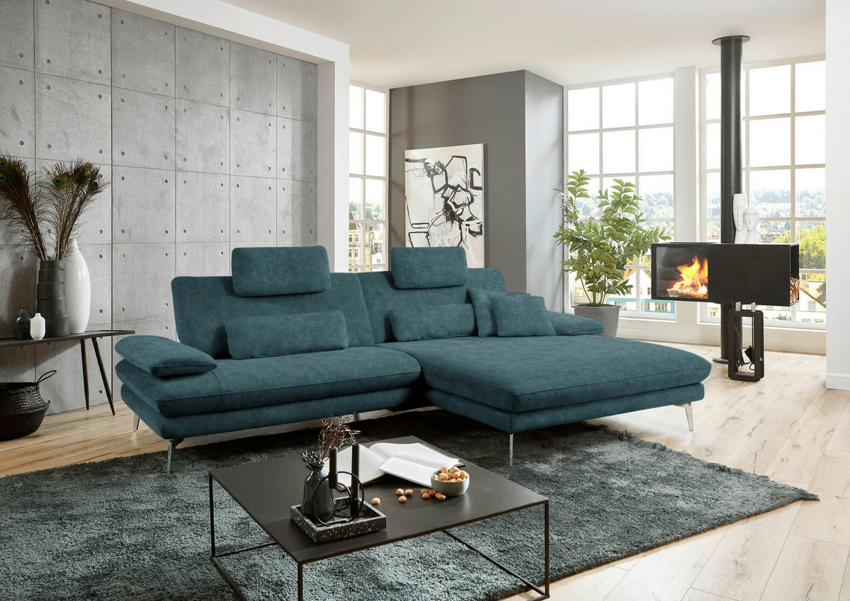 ECKSOFA in Velours Petrol  - Petrol/Schwarz, Design, Textil/Metall (284/184cm) - Dieter Knoll