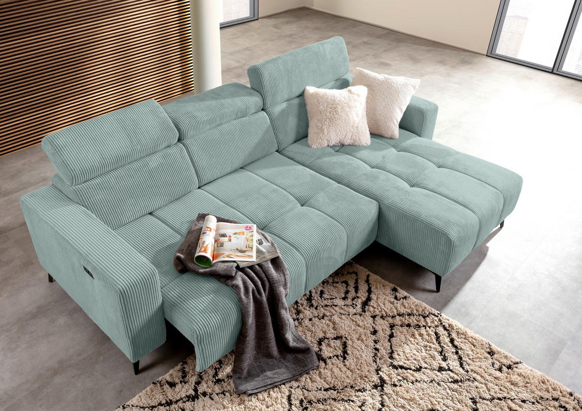 ECKSOFA Olivgrün Cord Rücken echt, Kopfteilverstellung, Sitzvorzug  - Schwarz/Olivgrün, KONVENTIONELL, Textil/Metall (257/170cm) - Carryhome