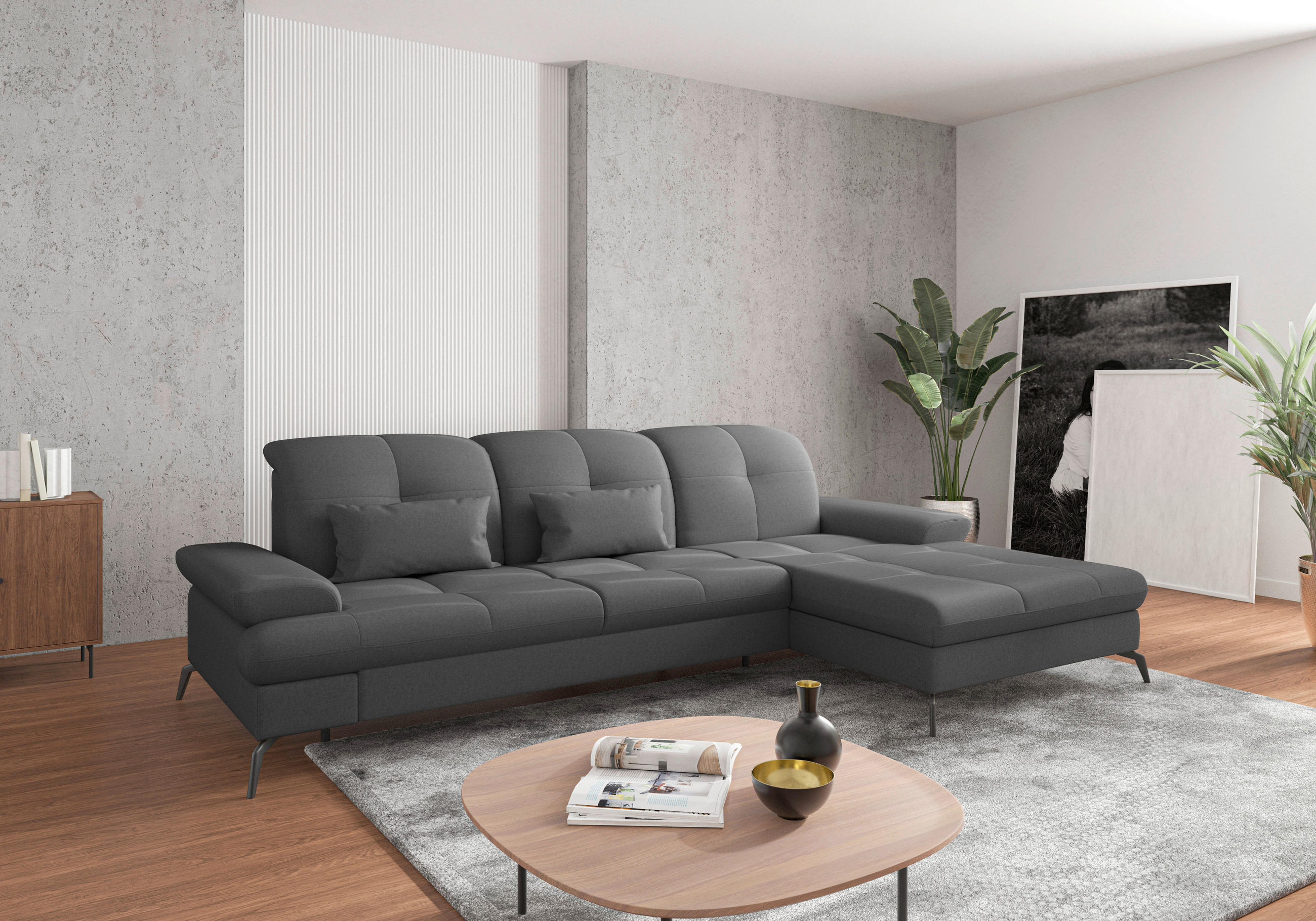 ECKSOFA Dunkelgrau Flachgewebe Bettkasten, Armteilverstellung, Kopfteilverstellung, Sitztiefenverstellung, Liegefläche im Originalstoff  - Dunkelgrau/Schwarz, KONVENTIONELL, Textil/Metall (279/185cm) - Sit & More