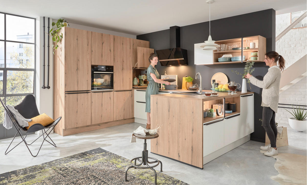 EINBAUKÜCHE DK309  - Eichefarben/Weiß, Design, Holzwerkstoff - Dieter Knoll