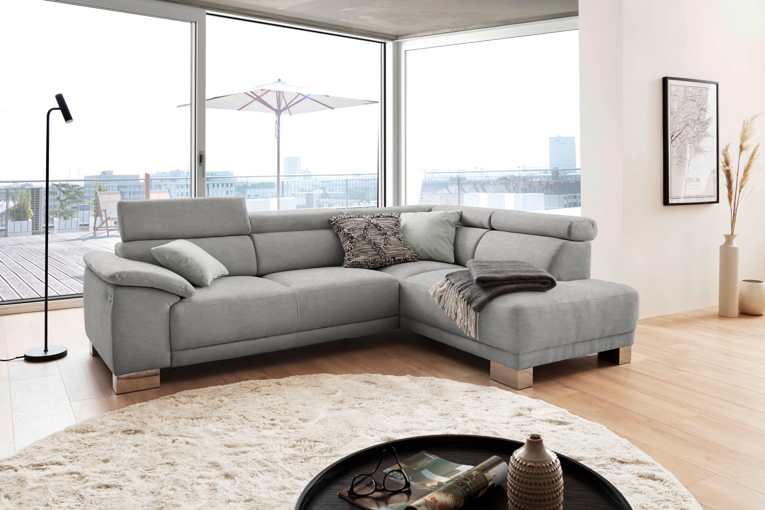ECKSOFA in Mikrofaser Grau  - Chromfarben/Grau, Design, Holz/Textil (270/205cm) - Pure Home Lifestyle