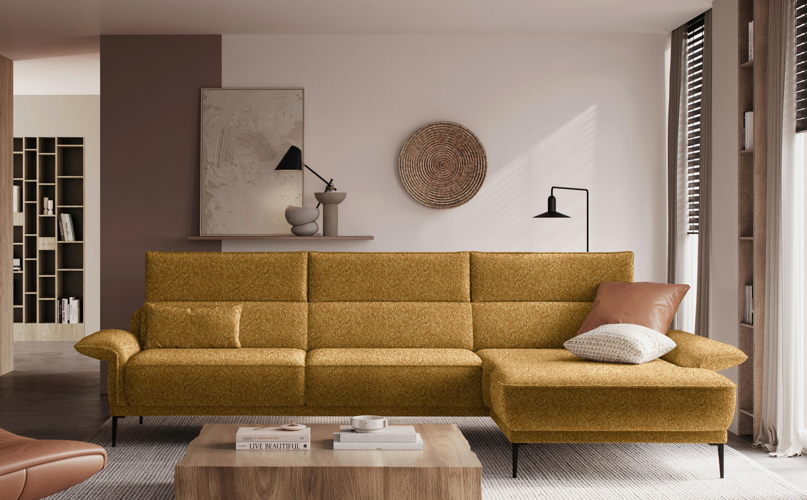 ECKSOFA in Bouclé Goldfarben  - Goldfarben/Schwarz, Design, Textil/Metall (330/186cm) - Johann Jakob