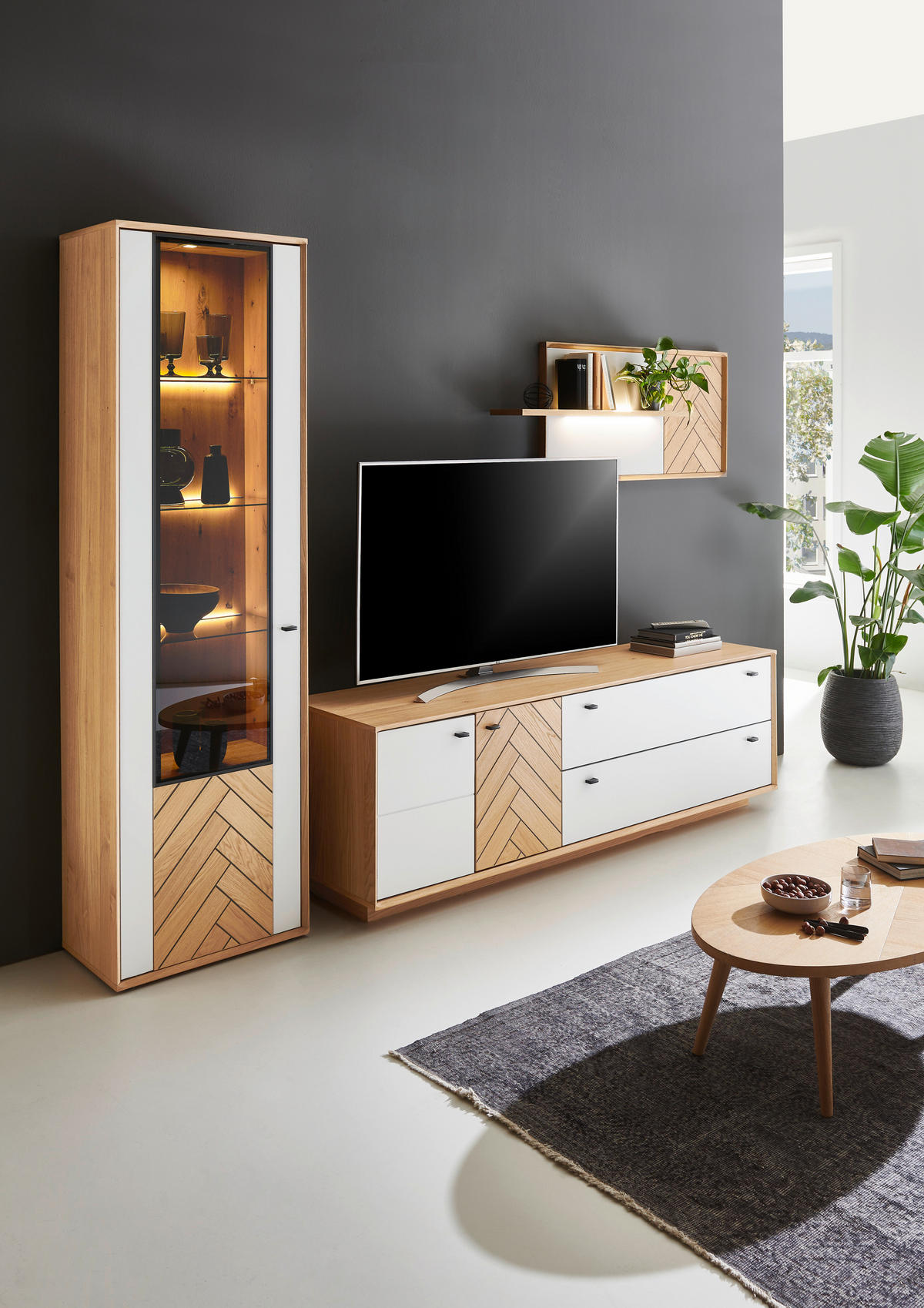 WOHNWAND  in Weiss, Eiche Bianco 297,8/206,9/51,4 cm  - Eiche Bianco/Weiss, Design, Glas/Holz (297,8/206,9/51,4cm) - Novel