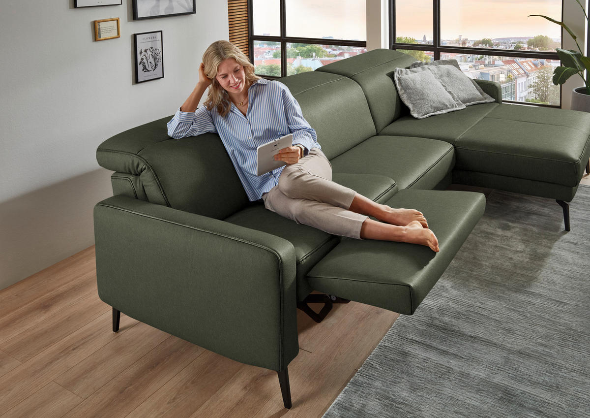 ECKSOFA  Echtleder Graugrün  - Schwarz/Graugrün, Design, Leder/Metall (323/179cm) - Dieter Knoll