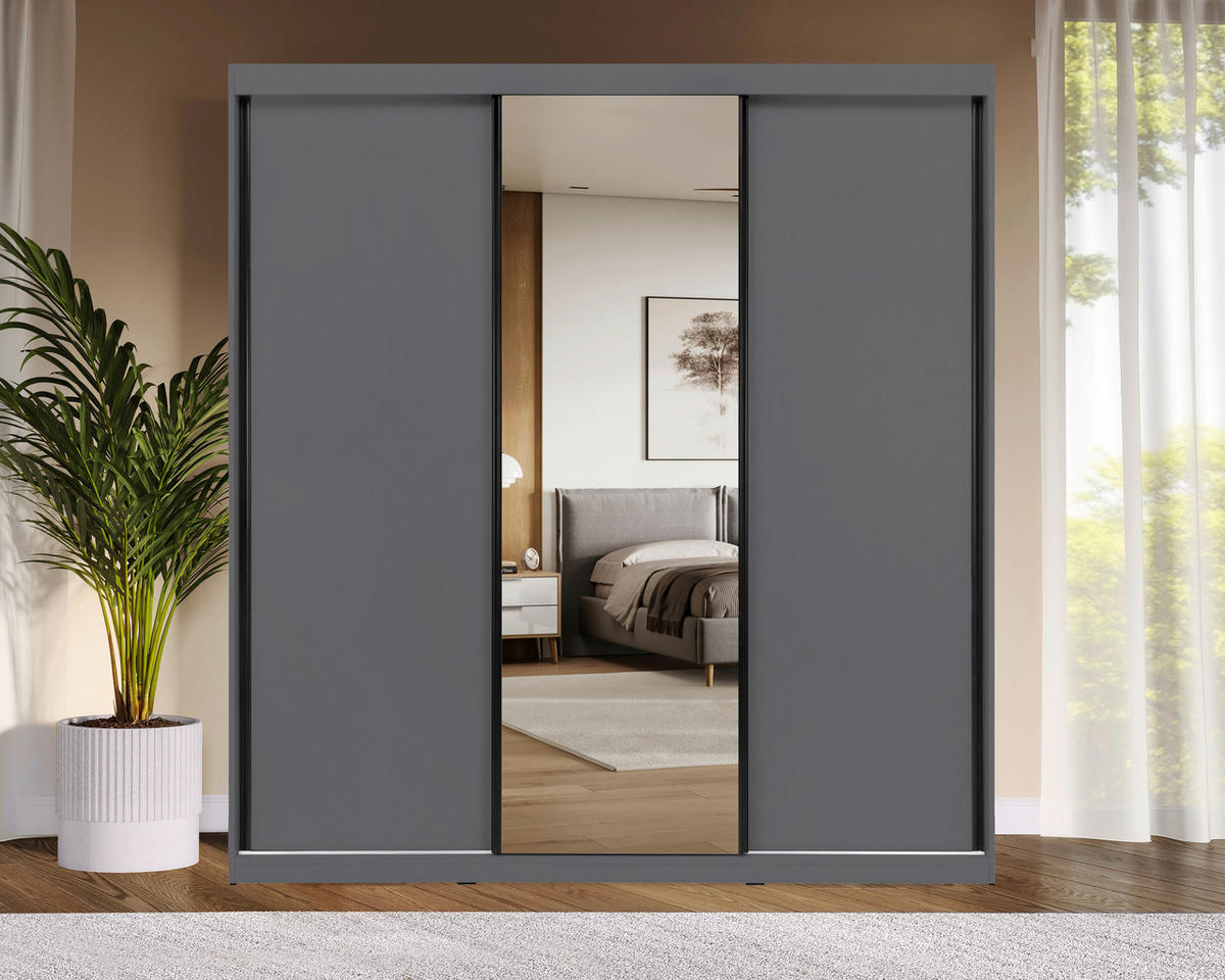 SCHIEBETÜRENSCHRANK 200/215/59,5 cm 3-türig  - Schwarz/Graphitfarben, MODERN, Holzwerkstoff/Metall (200/215/59,5cm) - MID.YOU