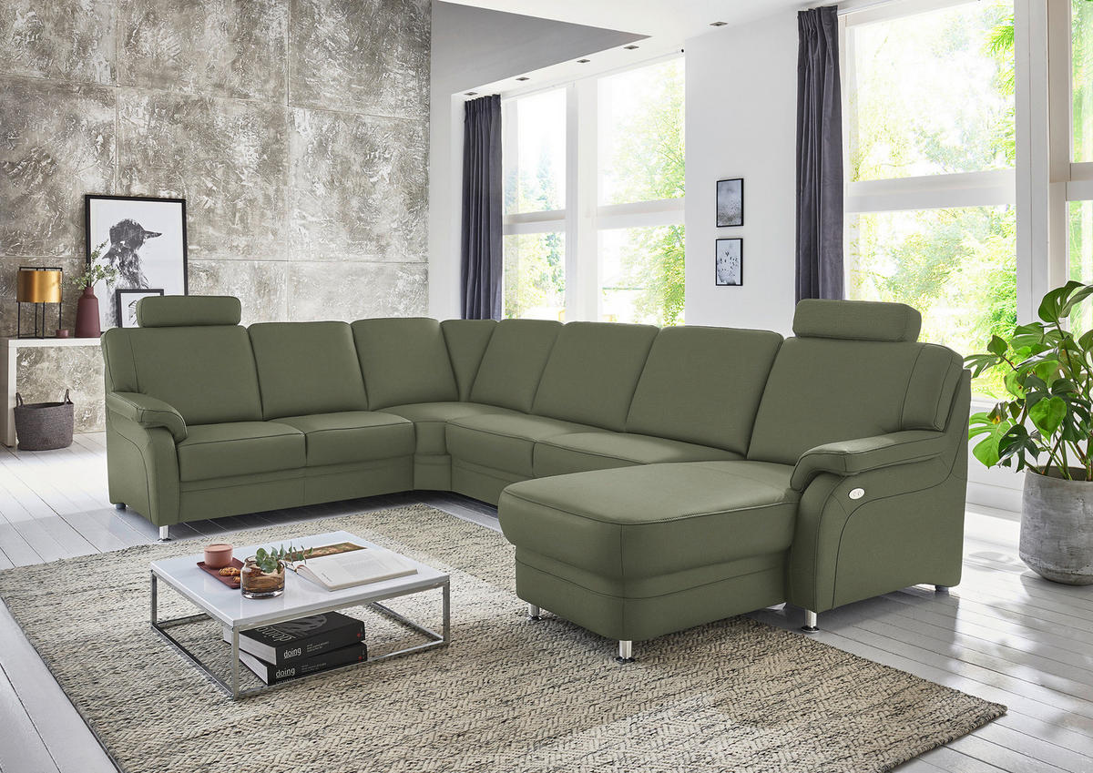 WOHNLANDSCHAFT Echtleder Olivgrün  - Alufarben/Olivgrün, Konventionell, Leder/Metall (239/329/165cm) - Beldomo Premium