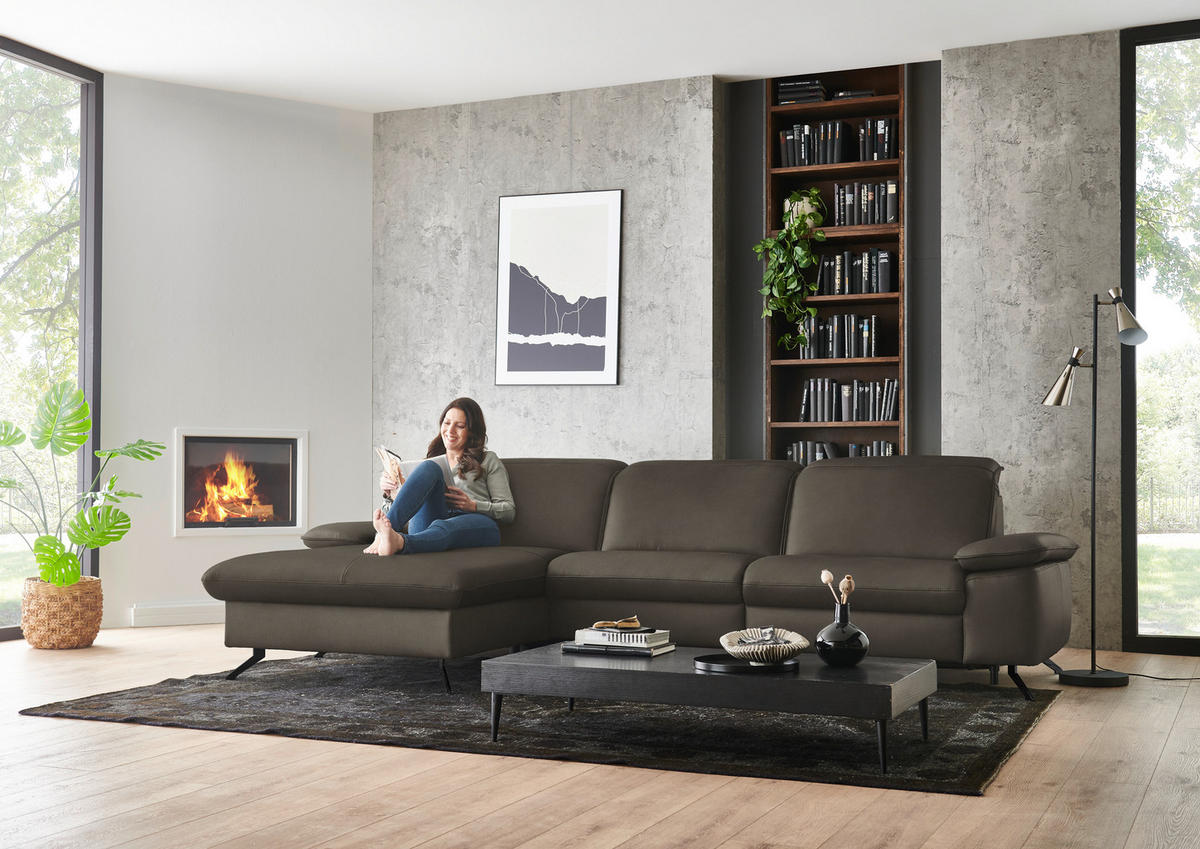 ECKSOFA  Echtleder Graubraun  - Graubraun/Schwarz, Design, Leder/Metall (169/307cm) - Beldomo Premium