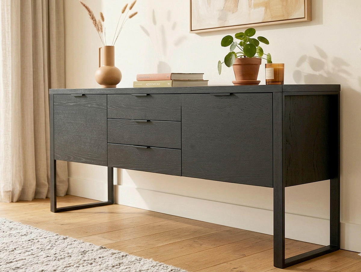 SIDEBOARD  180/76,2/39,5 cm 3 Schublade(n)  - Schwarz, KONVENTIONELL, Holzwerkstoff/Metall (180/76,2/39,5cm) - MID.YOU