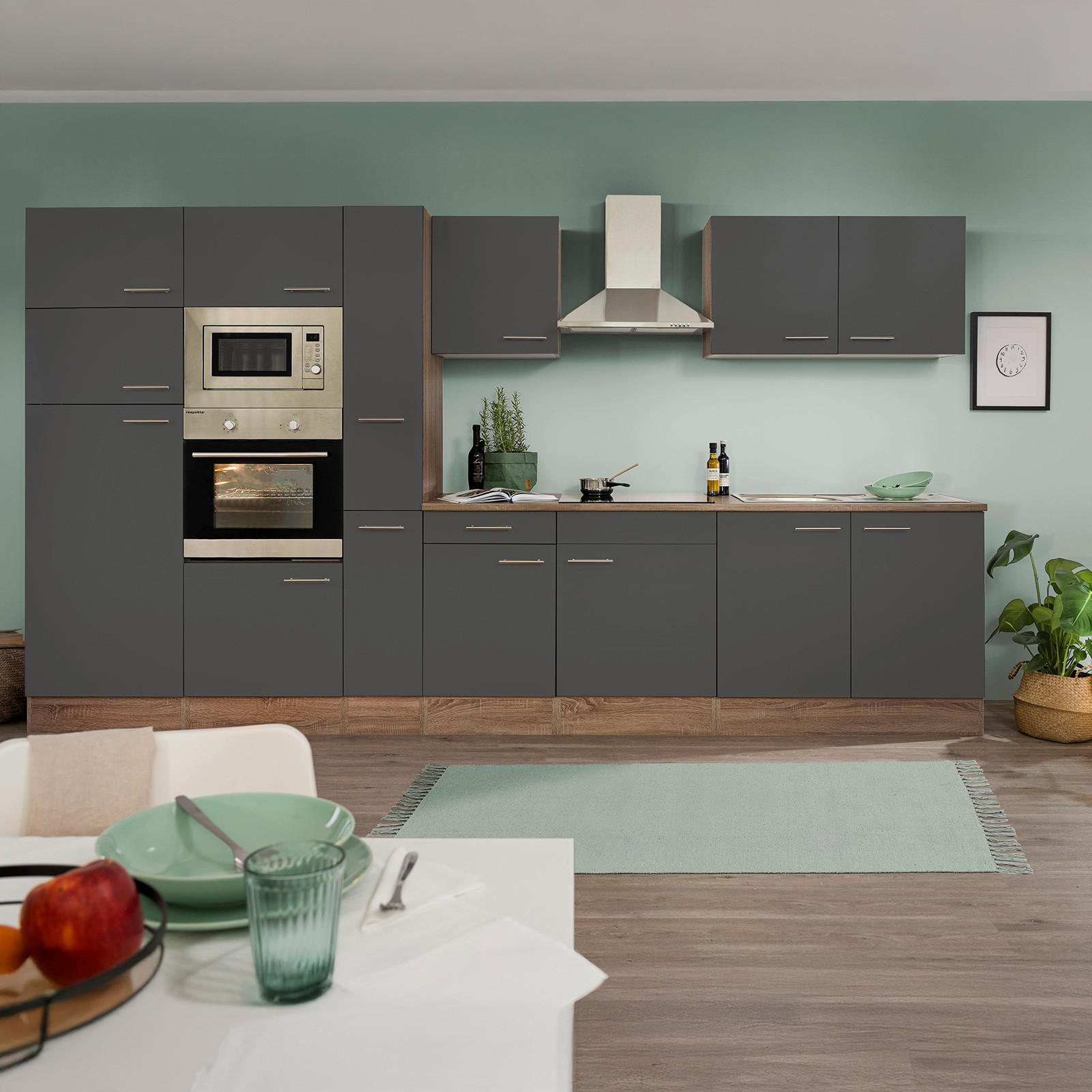 KÜCHENBLOCK 360 cm   in Grau, Eichefarben  - Edelstahlfarben/Eichefarben, Design, Holzwerkstoff/Metall (360cm) - Respekta