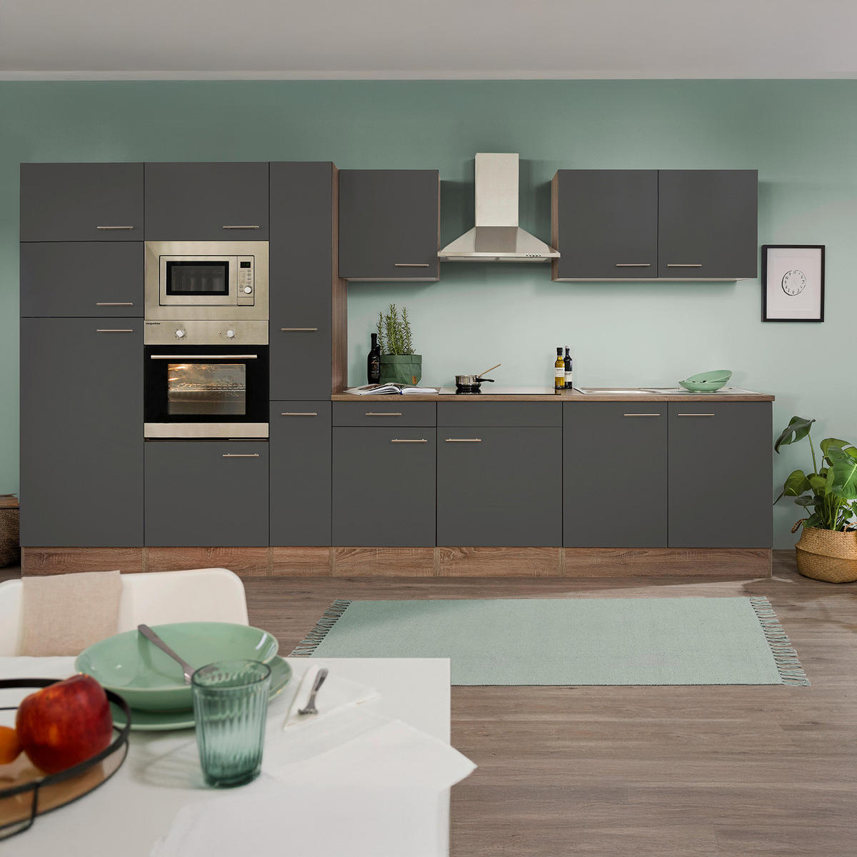 KÜCHENBLOCK 360 cm   in Grau, Eichefarben  - Edelstahlfarben/Eichefarben, Design, Holzwerkstoff/Metall (360cm) - Respekta