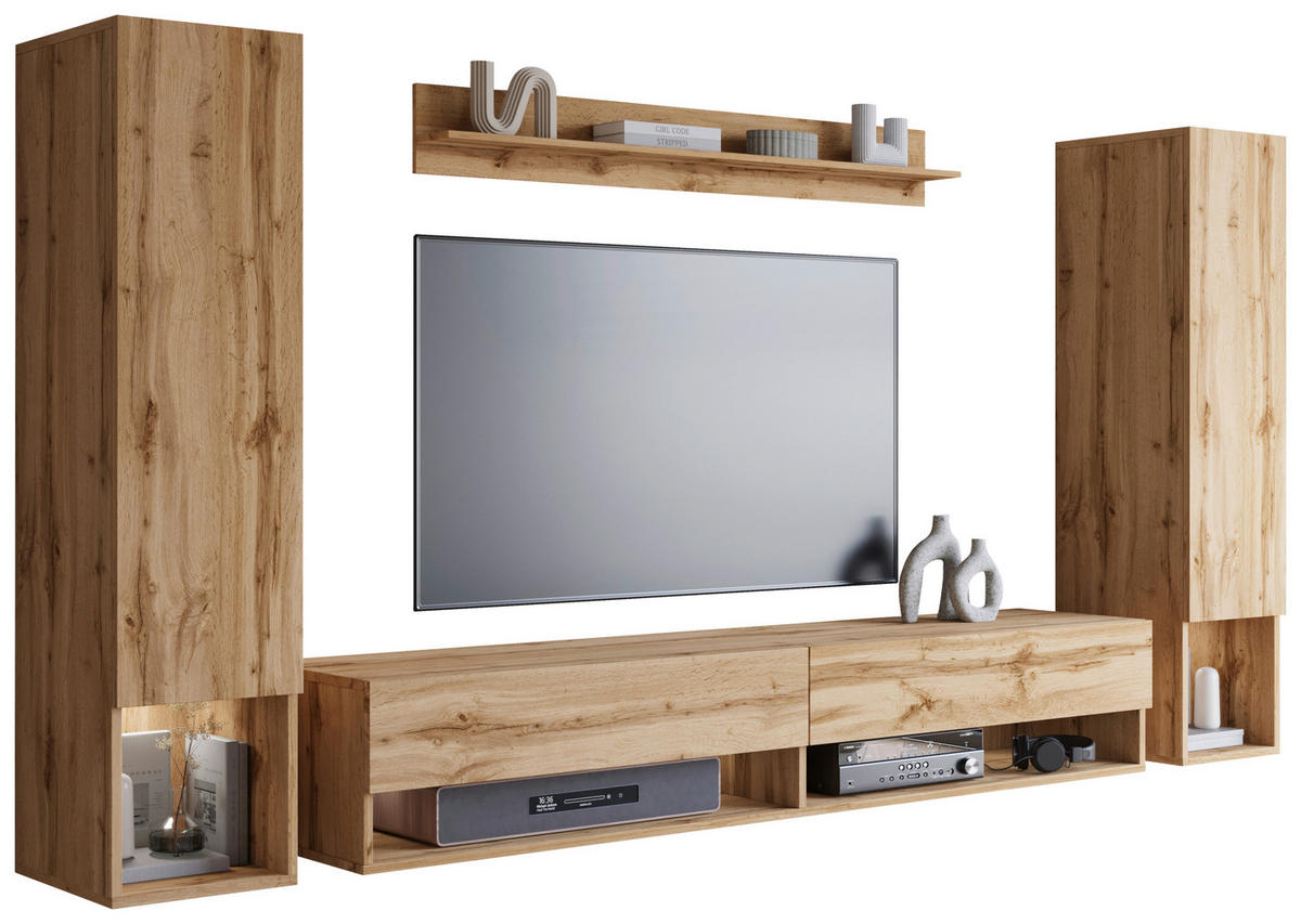 WOHNWAND 4-teilig  in Eiche Wotan  245/130/32 cm  - Eiche Wotan, Basics, Holzwerkstoff (245/130/32cm) - P & B