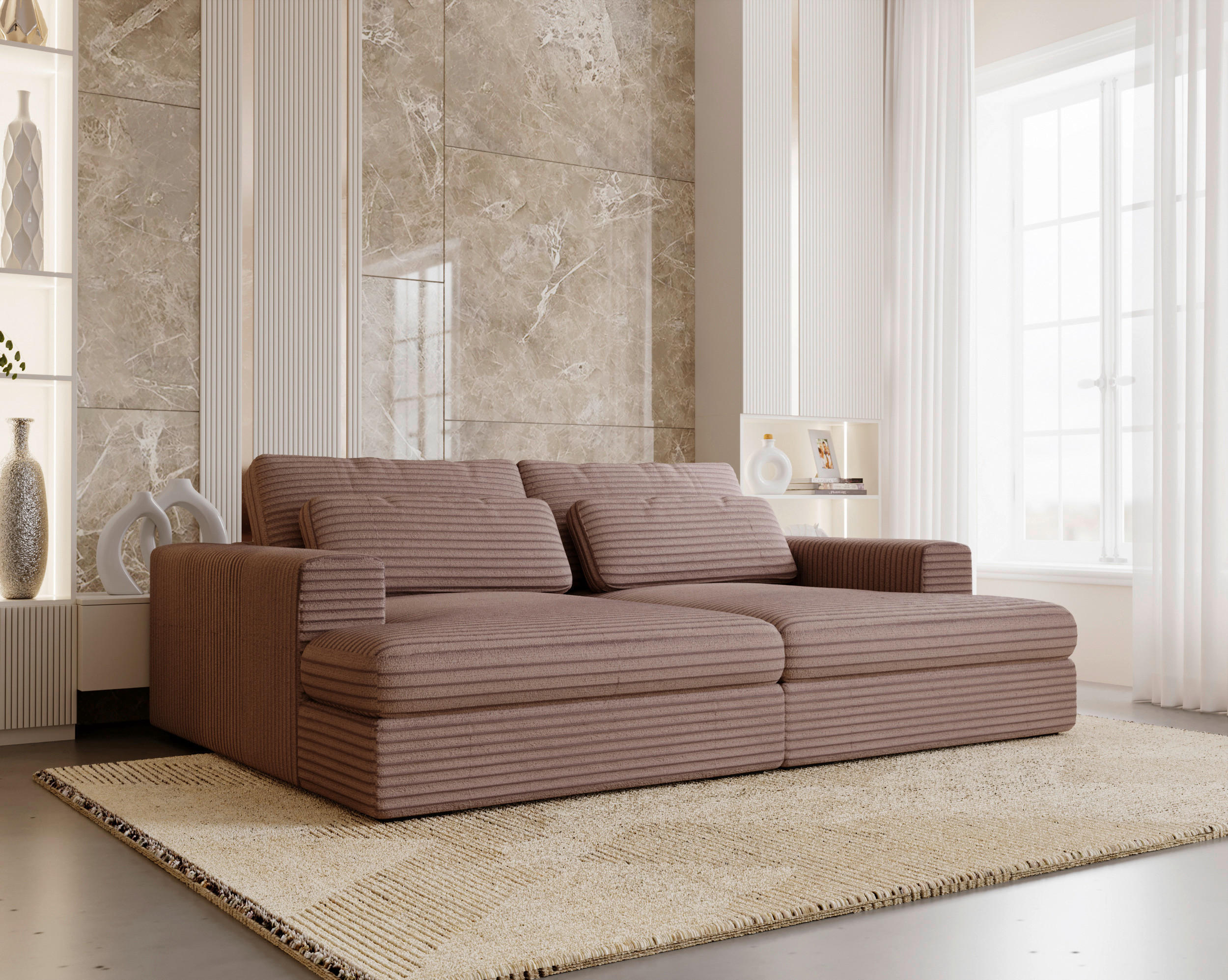 BIGSOFA Cord Hellbraun  - Hellbraun/Schwarz, Design, Textil (218/80/158cm) - home24