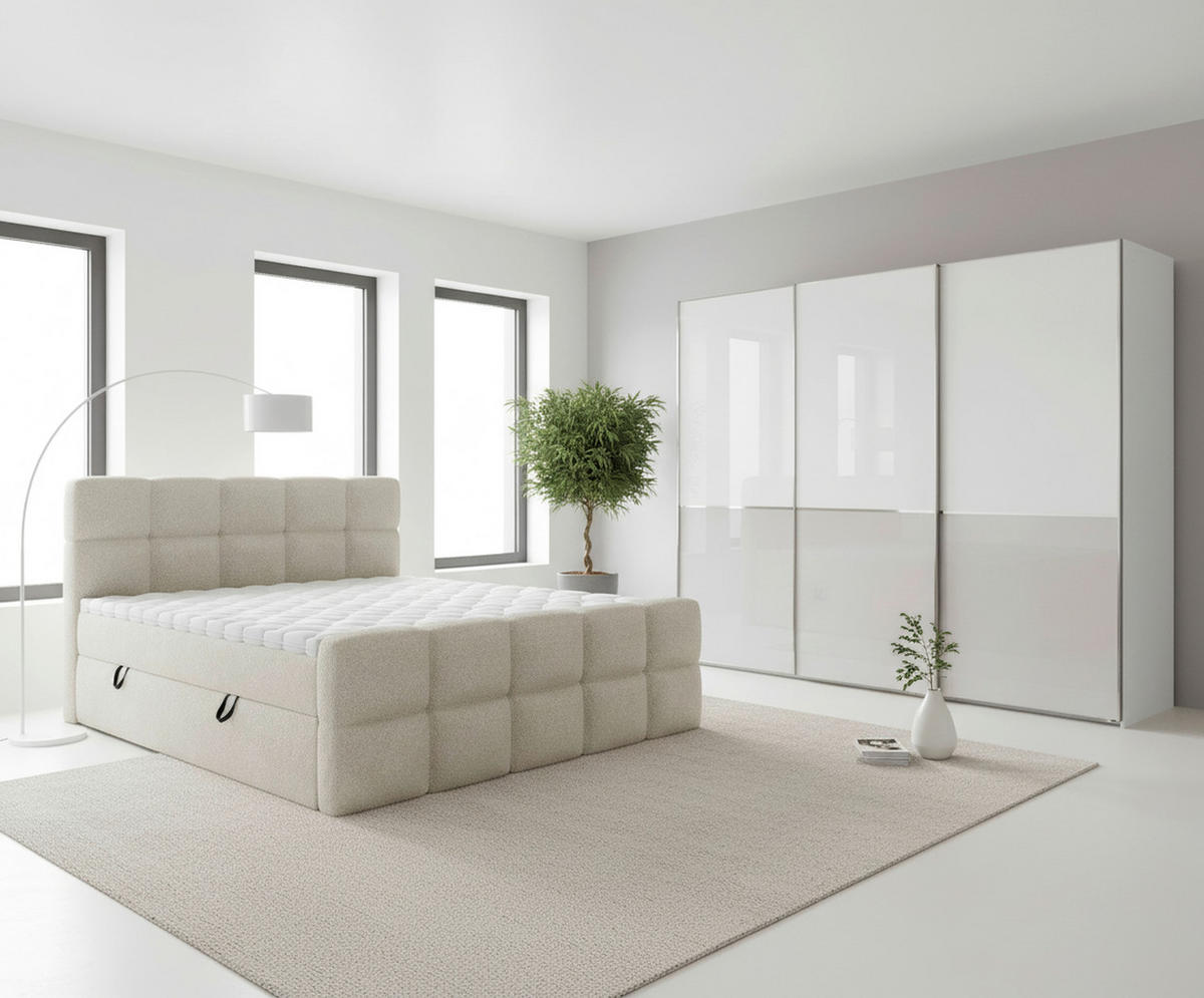 BOXBETT 140/200 cm,  in Beige, gepolstertes Kopfteil, Bettkasten, Topper, H3 = fest  - Beige/Schwarz, Design, Holzwerkstoff/Kunststoff (140/200cm) - Xora
