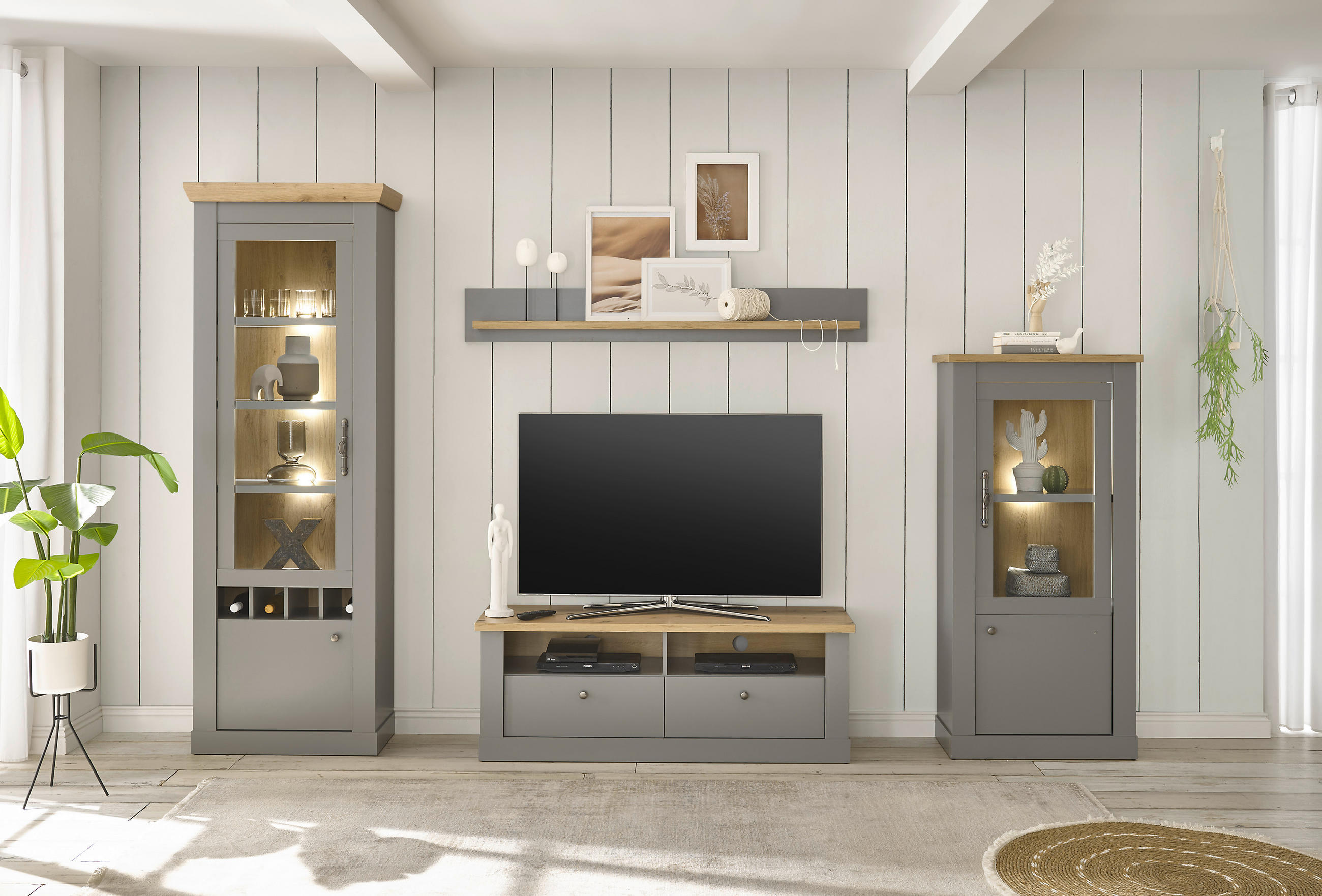 Thumbnail - Mid.you Vitrine, Eiche, Hellgrau, Metall, 1 Fächer, 68x142x37 cm, stehend, Wohnzimmer, Wohnwände, Vitrinenschränke