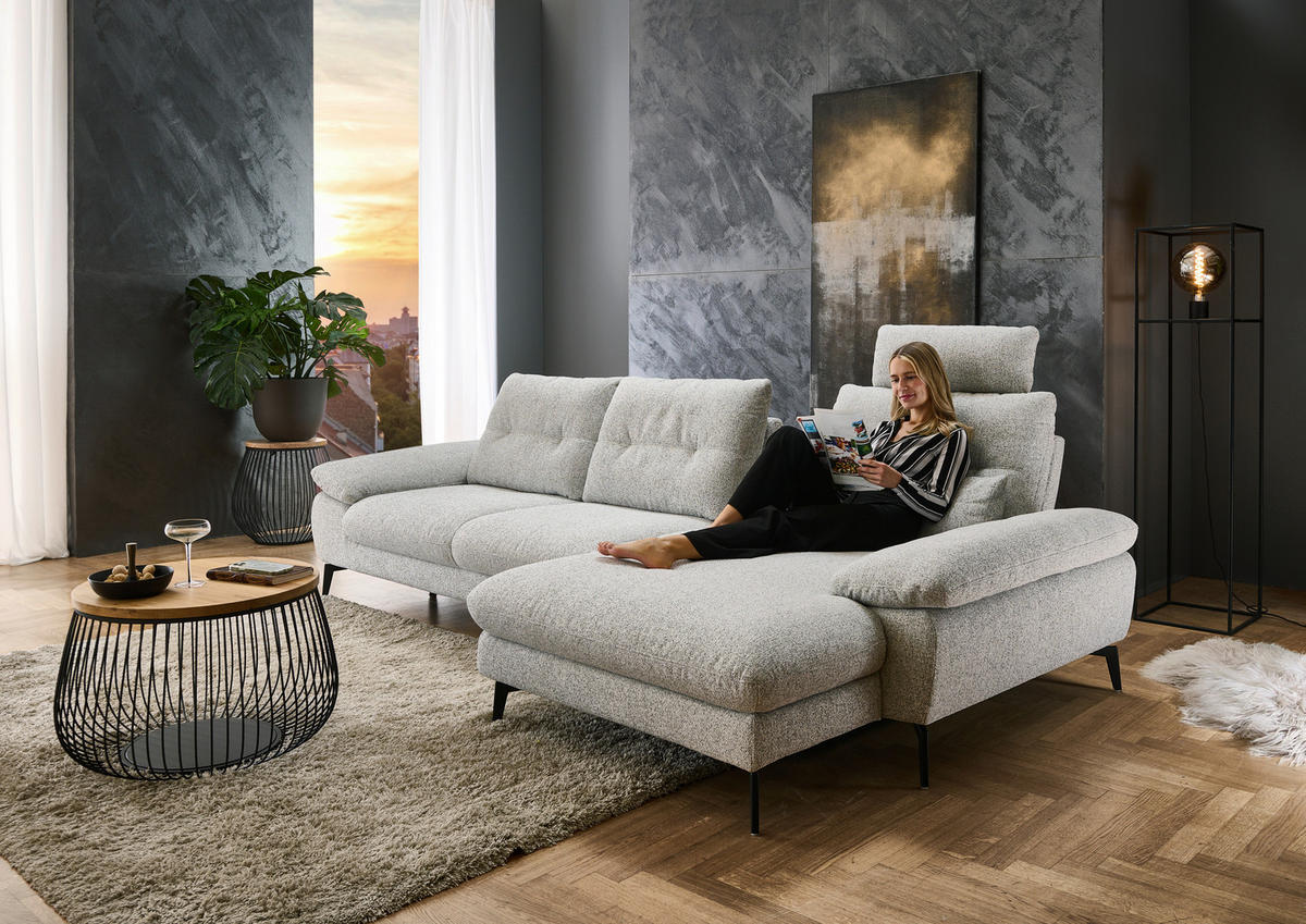 ECKSOFA Hellgrau Flachgewebe  - Hellgrau/Schwarz, Design, Textil/Metall (303/168cm) - Valdera
