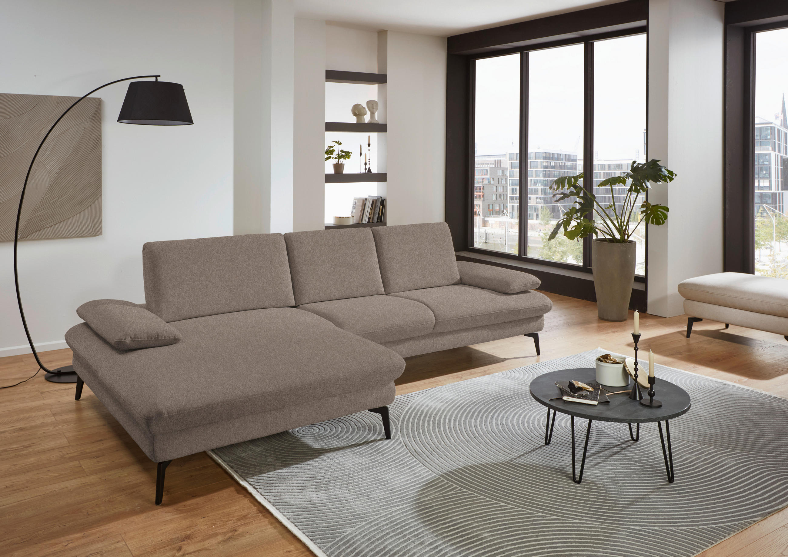 ECKSOFA in Chenille, Mikrofaser Greige  - Greige/Schwarz, Design, Textil/Metall (157/299cm) - Dieter Knoll