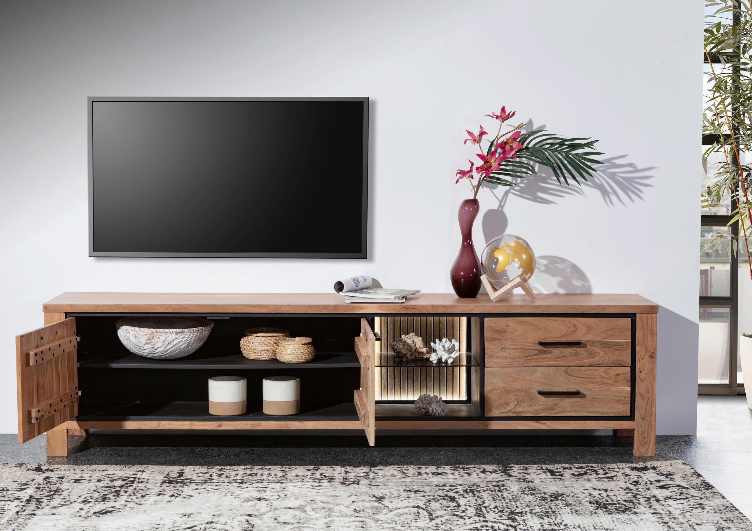 LOWBOARD  in 220/55/44 cm  - Schwarz/Akaziefarben, LIFESTYLE, Glas/Holz (220/55/44cm) - Landscape