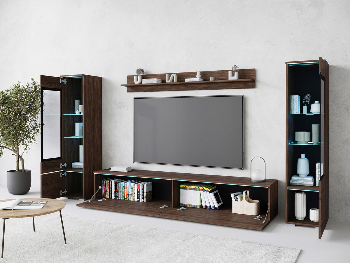 Set Mobilă Living, 4 piese, culoare lemn de nuc, 240/130/33 cm - culoare lemn de nuc/gri, Lifestyle, plastic/sticlă (240/130/33cm) - P & B