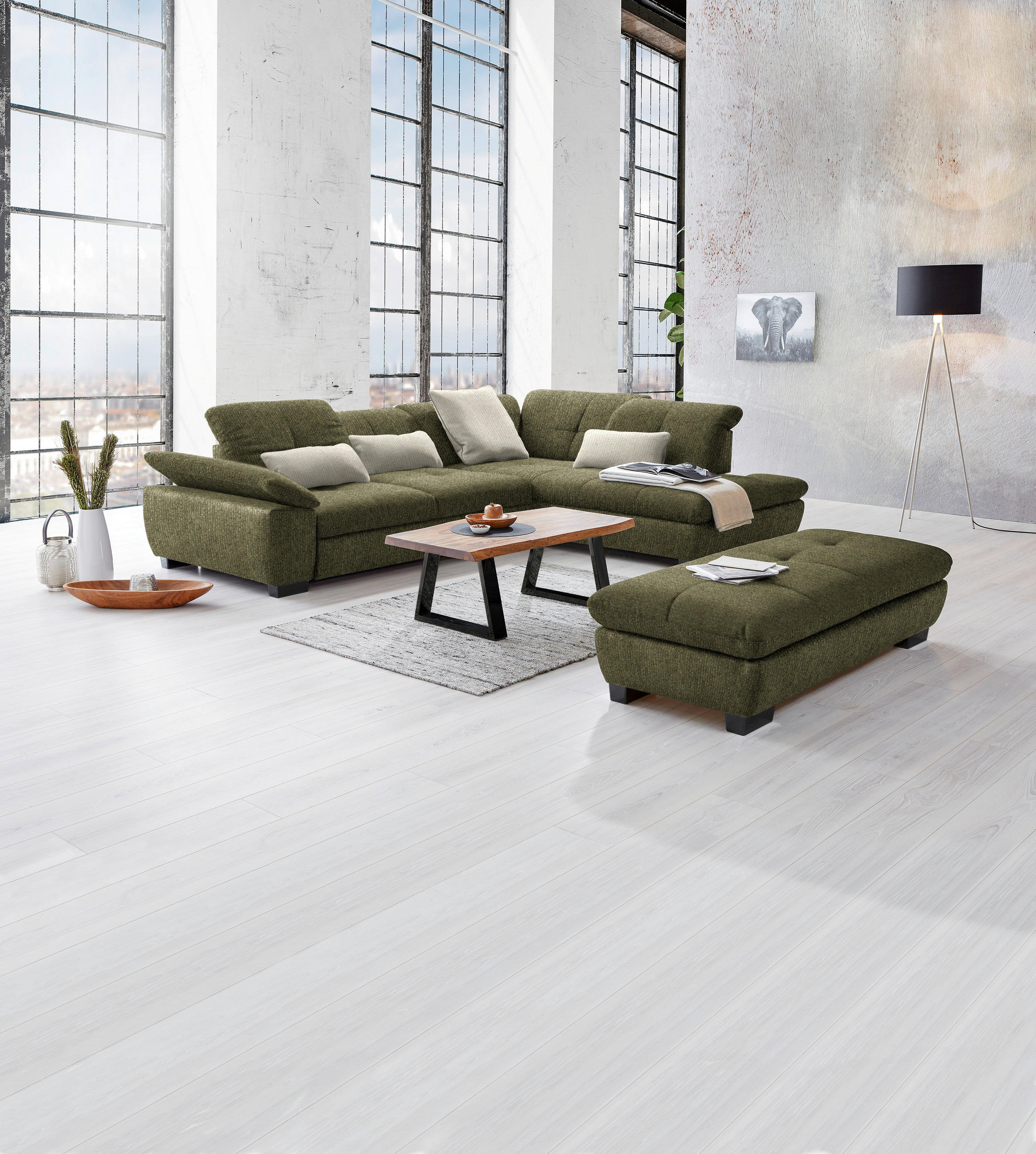 ECKSOFA in Flachgewebe Olivgrün  - Schwarz/Olivgrün, Design, Textil/Metall (313/242cm) - Xora