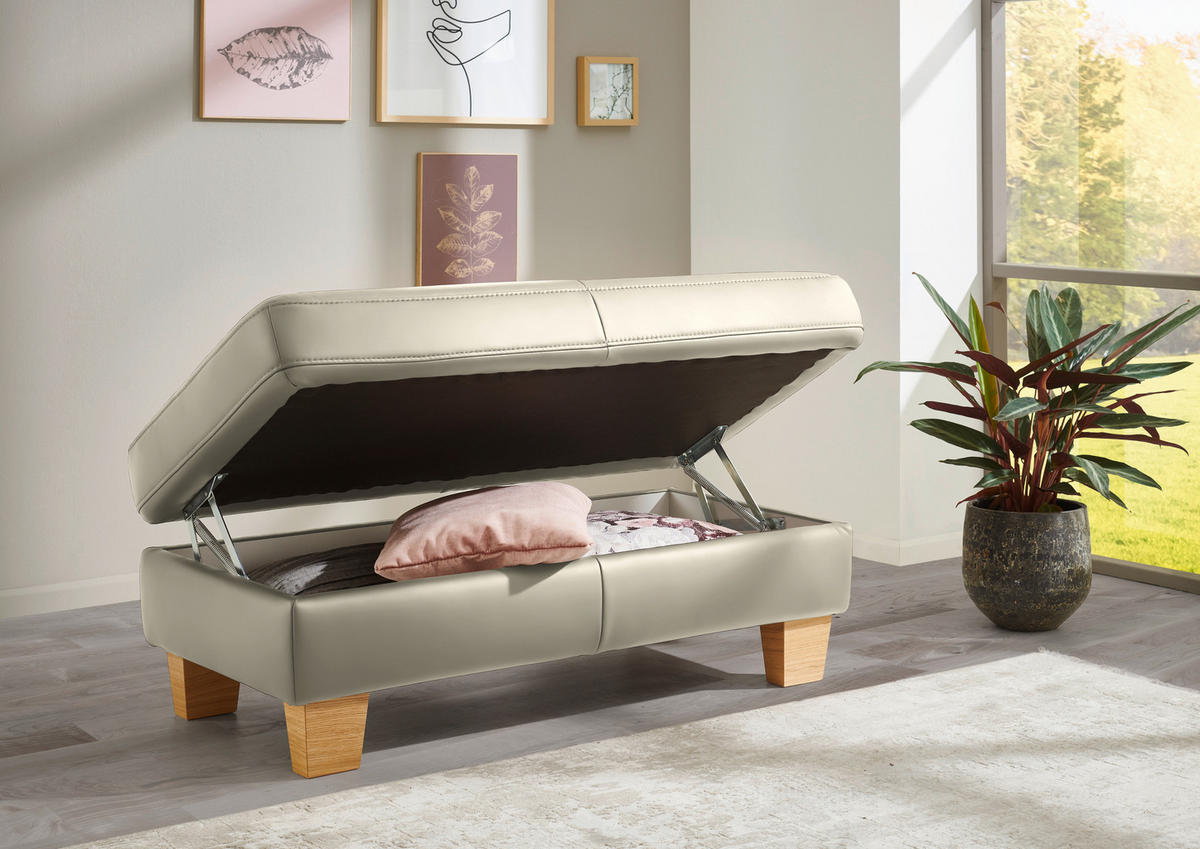 ECKSOFA in Echtleder Ecru  - Ecru/Eiche Bianco, Konventionell, Leder/Holz (257/235cm) - Valdera