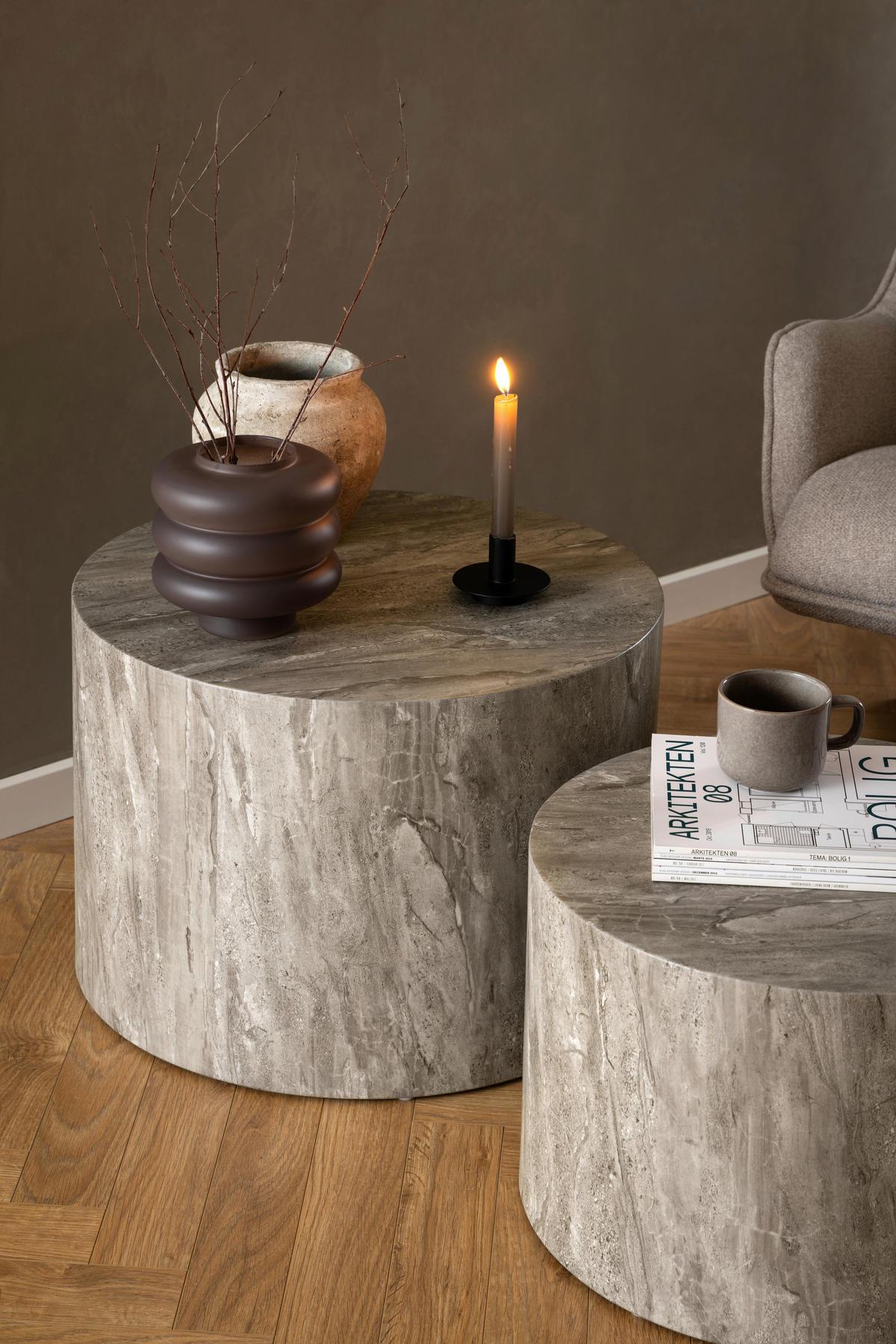 COUCHTISCHSET zylindrisch Grau  - Grau, Design, Holzwerkstoff (58/58/40cm) - MID.YOU