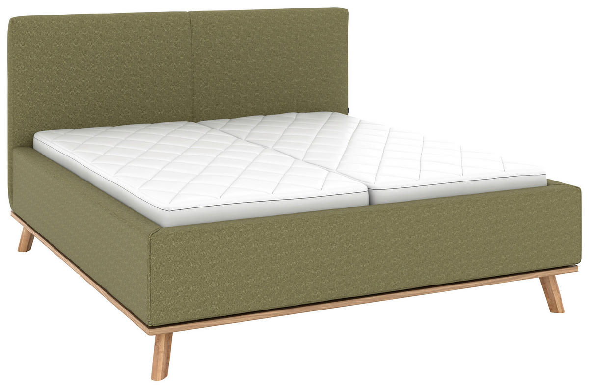 POLSTERBETT 180/200 cm,  in Olivgrün, Matratze, Lattenrost, Bettkasten, H3 + H3 = fest  - Eichefarben/Weiß, Design, Holz/Textil (180/200cm) - Musterring