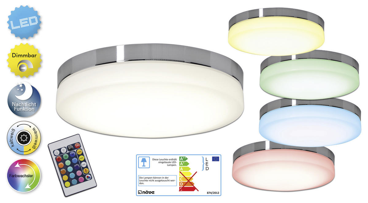 LED-DECKENLEUCHTE 29 cm  - Chromfarben/Weiß, Design, Kunststoff/Metall (29cm) - Näve