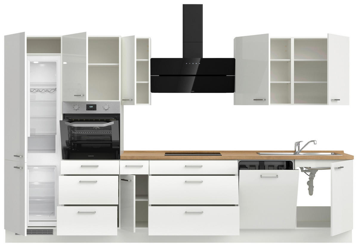 KÜCHENLEERBLOCK 360 cm   in Eichefarben, Weiß Hochglanz  - Edelstahlfarben/Eichefarben, MODERN, Holzwerkstoff/Metall (360cm) - Nobilia