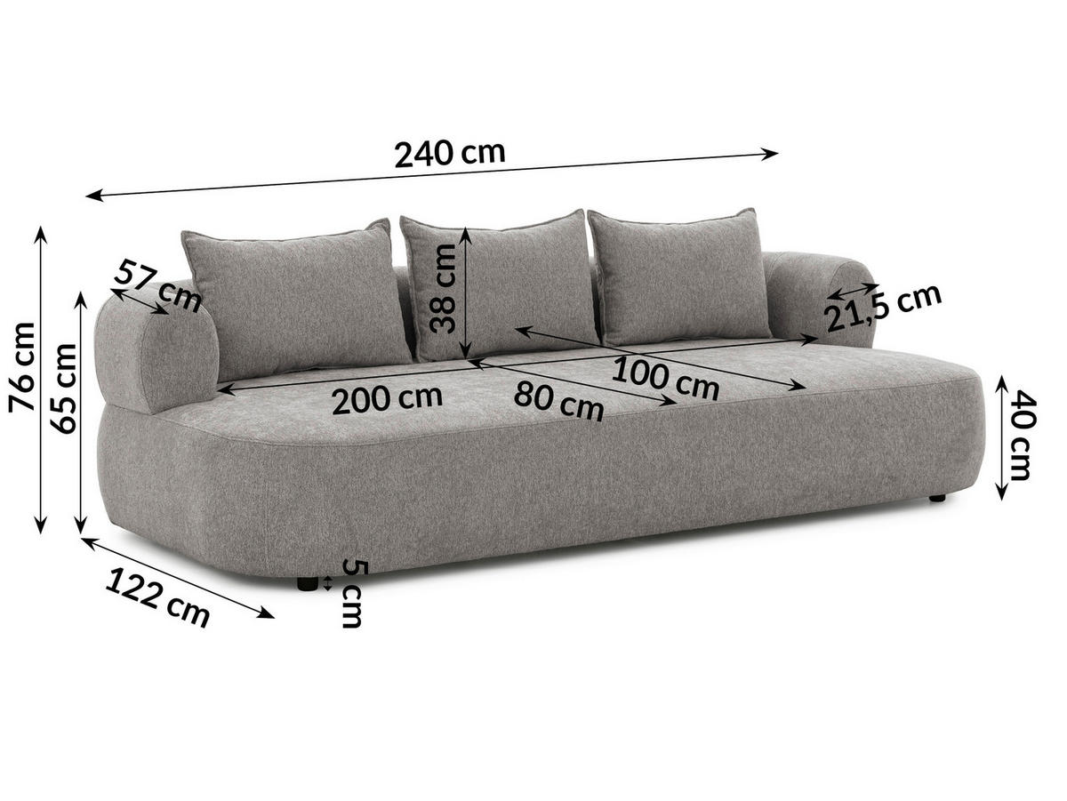 BIGSOFA in Chenille Grau  - Schwarz/Grau, Design, Kunststoff/Textil (240/76/122cm) - Livetastic