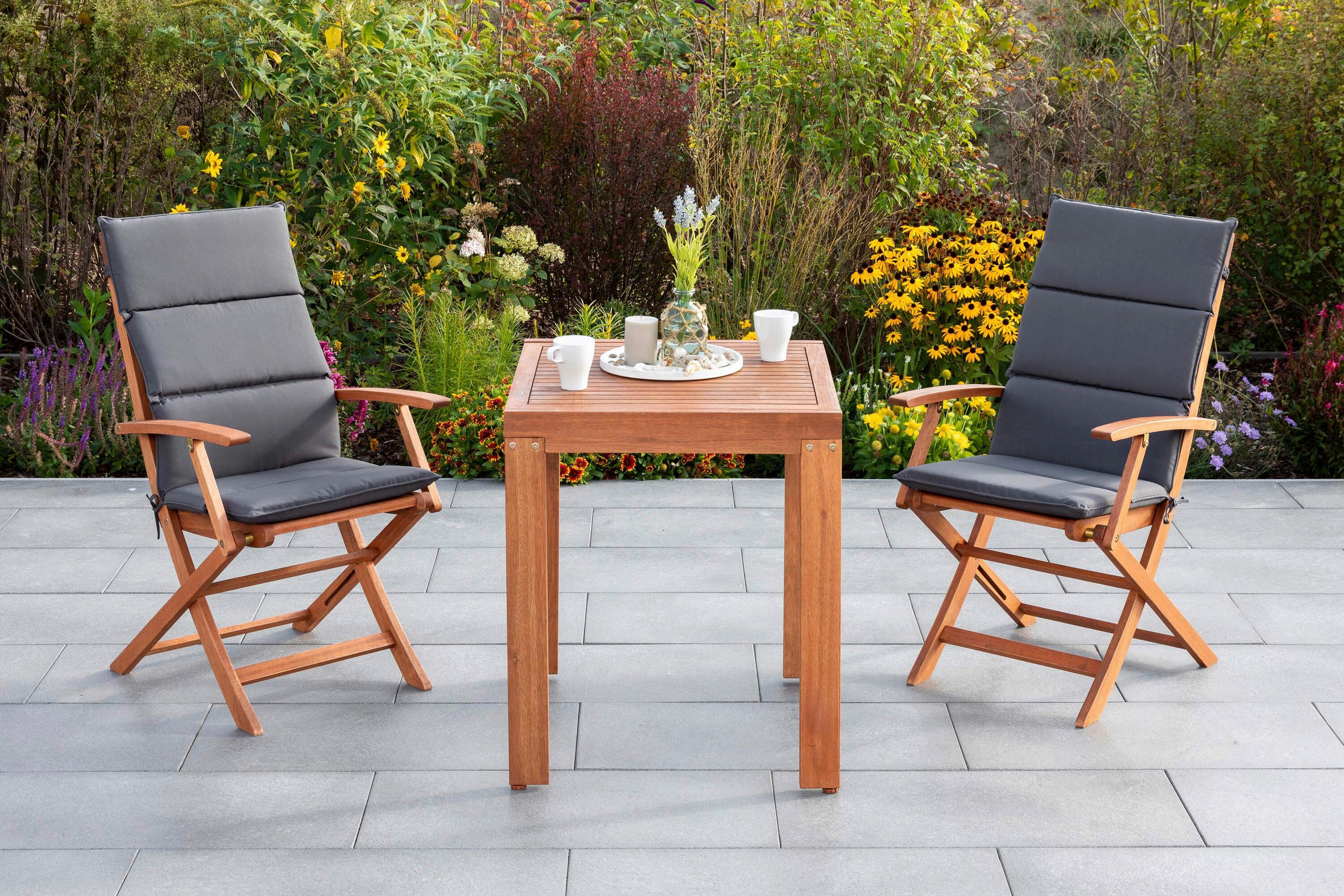GARTENTISCHGRUPPE Eukalyptusholz Hartholz  - Eukalyptusholzfarben/Grau, KONVENTIONELL, Holz/Textil - Gardenson