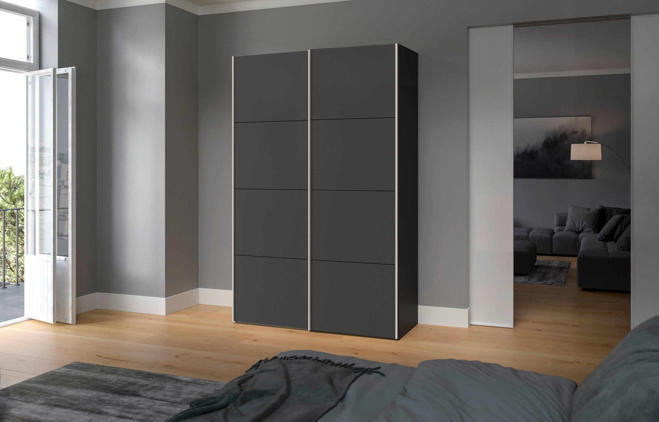 SCHWEBETÜRENSCHRANK 152/236/65 cm 2-türig Anthrazit, Schwarz  - Edelstahlfarben/Anthrazit, Design, Holzwerkstoff (152/236/65cm) - Boxxx
