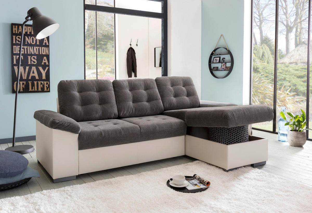 ECKSCHLAFSOFA Creme, Dunkelgrau Mikrofaser  - Dunkelgrau/Creme, MODERN, Kunststoff/Textil (232/148cm) - MID.YOU